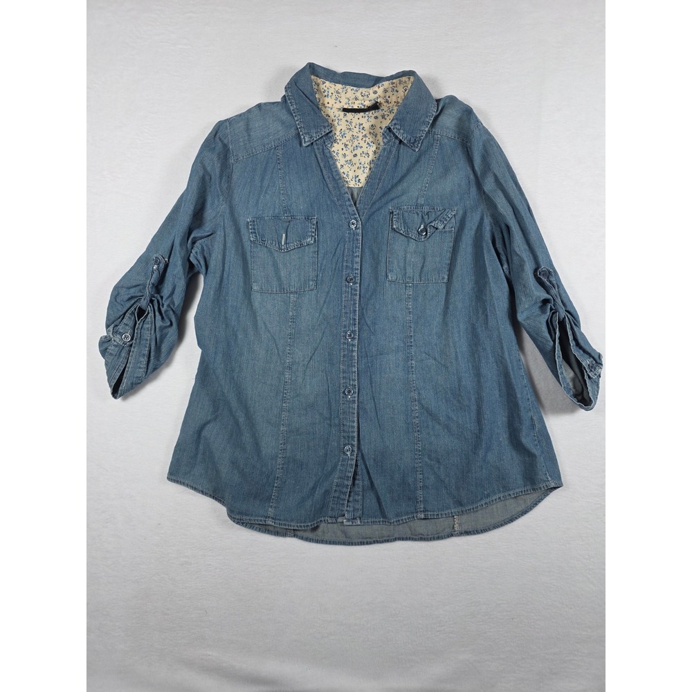 Chambray Denim Button Down Shirt Roll Tab Sleeve XL Blue Floral Lined Casual